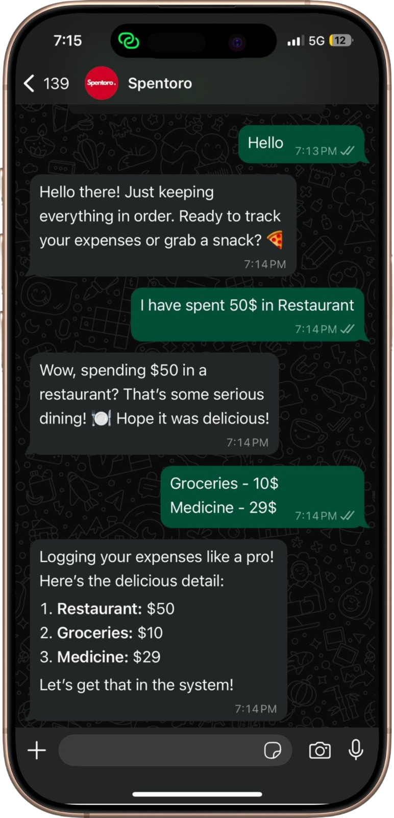 WhatsApp Mockup of Spentoro app
